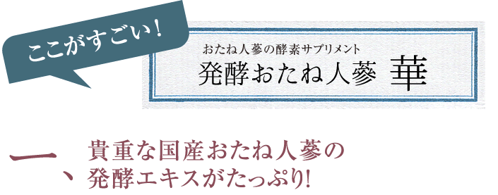 ここがすごい！　（1）貴重な国産おたね人蔘の<br />
発酵エキスがたっぷり！